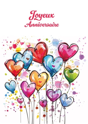 Ballons en forme de cœurs colorés flottant sur fond éclaboussé multicolore avec le texte Joyeux Anniversaire.