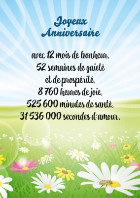 Carte d'anniversaire avec ciel bleu et fleurs, texte souhaitant bonheur, gaieté, joie, santé et amour en unités de temps.