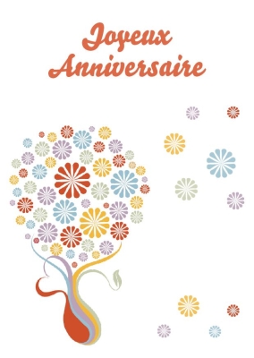 Joyeux Anniversaire, texte élégant avec un arbre floral coloré et des fleurs stylisées de différentes teintes.