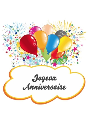 Balloons colorés flottent au-dessus d'un message Joyeux Anniversaire entouré d'étoiles et de confettis.