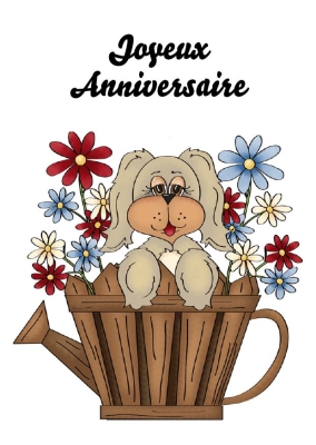 Un chien mignon est assis dans un arrosoir en bois, entouré de fleurs colorées