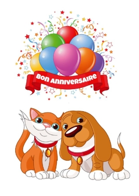 Joyeux anniversaire avec des ballons colorés, un chat orange et un chien marron souriants, entourés de confettis.