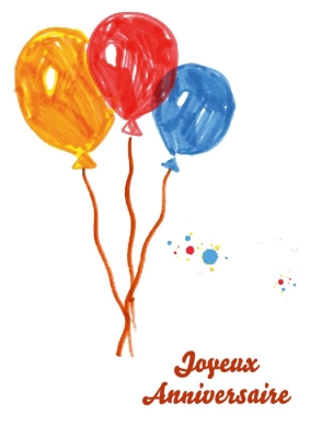 Trois ballons colorés (jaune, rouge, bleu) flottent au-dessus d'un texte Joyeux Anniversaire.