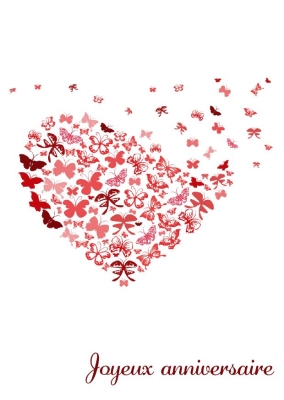 Cœur formé de papillons rouges et roses avec le texte Joyeux anniversaire en dessous.