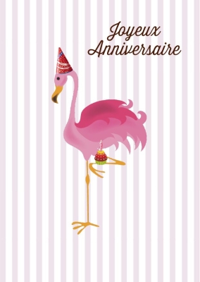 Flamant rose avec un chapeau de fête, tenant un cupcake sur fond rayé.