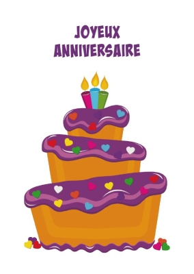 Gâteau d'anniversaire festif avec glaçage violet et bougies colorées, décoré de petits cœurs. Joyeux anniversaire !