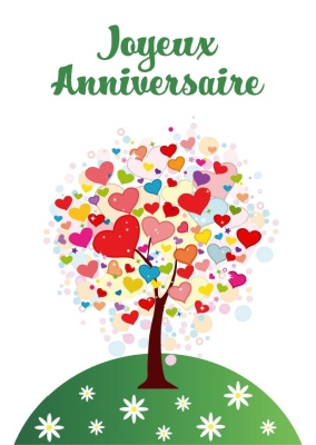 Arbre coloré avec des cœurs entouré de fleurs, surmonté de l'inscription Joyeux Anniversaire. Joyeuse illustration festive.