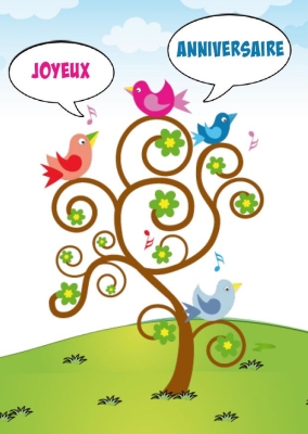 Un arbre coloré avec des oiseaux chanteurs et des fleurs, dans un paysage ensoleillé et verdoyant.