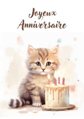 Chaton mignon avec un gâteau d'anniversaire et bougies allumées, texte « Bon Anniversaire ». Fond pastel avec motifs discrets.