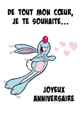 Lapin joyeux avec des cœurs souhaite un anniversaire. Exprime une grande affection.