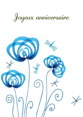 Fleurs bleues stylisées et libellules sur fond blanc avec inscription Joyeux anniversaire.
