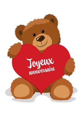 Ours en peluche tenant un cœur rouge avec le texte Joyeux anniversaire.