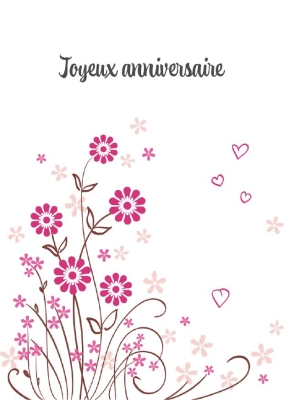 Joyeux anniversaire écrit en haut, accompagné de fleurs roses et de petits cœurs.