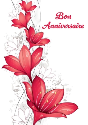 Fleurs rouges élégantes avec des détails blancs et le texte Bon Anniversaire. 