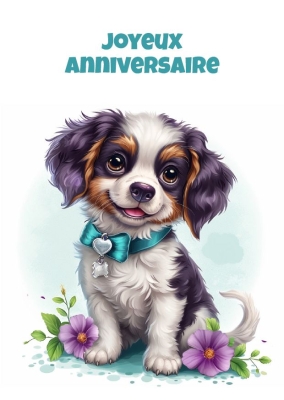 Chiot souriant avec un nœud en satin et des fleurs colorées.
