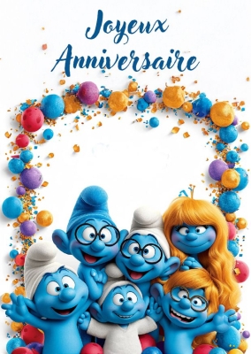 Célébration colorée avec des Schtroumpfs souriants entourés de confettis aux couleurs vives.