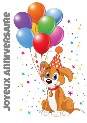 Joyeux chien cartoon avec des ballons colorés et un chapeau de fête. Décorations festives avec étoiles et confettis.