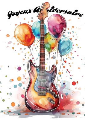 Guitare électrique colorée entourée de ballons festifs et décorations éclatantes.