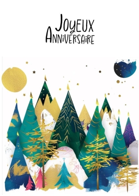 Illustration festive avec des sapins colorés, or et argent et des montagnes sur fond blanc