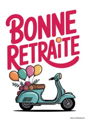 Un scooter bleu turquoise avec des fleurs et des ballons. Texte rose : « BONNE RETRAITE »
