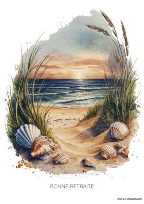 Chemin de sable vers la mer au coucher du soleil, coquillages et herbes. Texte en bas : « BONNE RETRAITE ».
