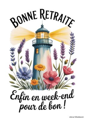 Un phare lumineux entouré de fleurs sauvages et de lavande. Texte : « BONNE RETRAITE Enfin en week-end pour de bon ! ».