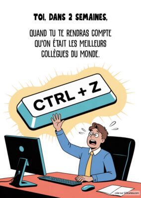 Illustration d'un homme surpris devant un ordinateur, levant les mains en l'air, avec une touche CTRL + Z en avant-plan. Texte amusant sur le départ.