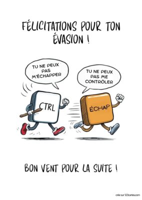 Illustration humoristique représentant deux touches de clavier anthropomorphes : CTRL, brandissant un bâton, dit « Tu ne peux pas m'échapper » ; ÉCHAP, avec un sourire, répond « Tu ne peux pas me contrôler ». Texte en dessous souhaitant bonne chance pour l'avenir.