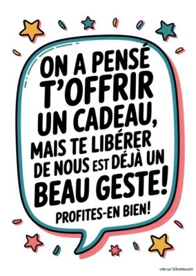 Message joyeux sur fond blanc avec des étoiles et des éclats, souhaitant un bon départ à un collègue.