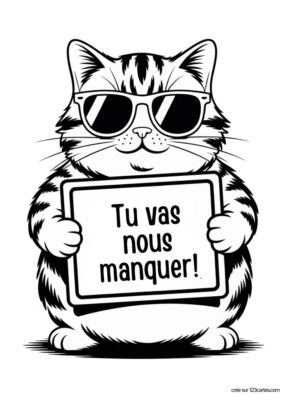 Un chat avec des lunettes de soleil tient une pancarte où est écrit : « Tu vas nous manquer ! » pour souhaiter un bon départ.