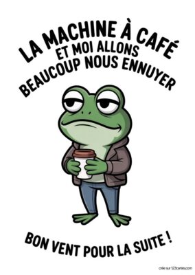 Une grenouille avec un café, portant un gilet, affiche un air malicieux. Texte humoristique pour souhaiter bonne chance.
