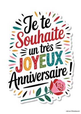 Carte de vœux d'anniversaire avec des lettres stylisées. Le message principal « Je te souhaite un très JOYEUX Anniversaire ! » est mis en valeur au centre, accompagné d'une rose en bas à gauche et de petites éclaboussures décoratives autour du texte.
