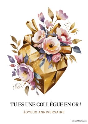 Carte d'anniversaire présentant un cœur en forme de diamant doré, entouré de fleurs délicates aux teintes douces. En bas, le message « TU ES UNE COLLÈGUE EN OR ! » est écrit avec une belle typographie.