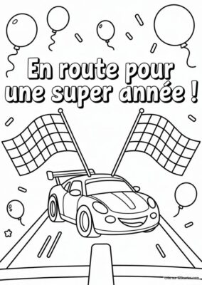 Carte bonne année à colorier, voiture de course, drapeaux, ballons, style dessin animé.