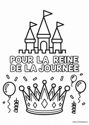 Carte d’anniversaire à colorier, château, couronne, ballons, style dessin animé