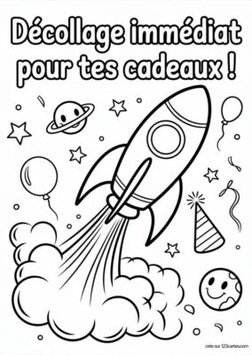 Carte cadeau à colorier, fusée décollant, planètes et ballons, style dessin animé.
