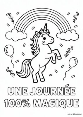 Carte anniversaire licorne à colorier, arc-en-ciel, confettis et ballons, style dessin animé.