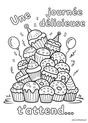 Carte d’anniversaire à colorier, dessinée avec des cupcakes et donuts, style ludique.