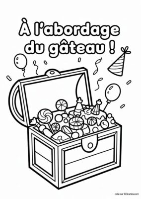 Carte d’anniversaire à colorier, coffre rempli de bonbons et gâteaux, style dessin animé.
