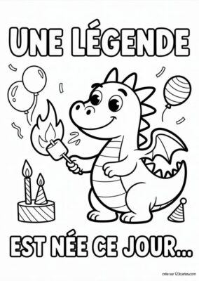 Carte anniversaire à colorier, dragon joyeux toastant marshmallow, style dessin animé.