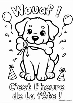 Carte fête à colorier avec chiot, os, ballons et confettis, style dessin animé.