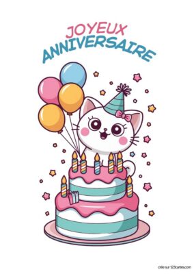 Illustration colorée d'un gâteau d'anniversaire avec une chaton souriant en chapeau, tenant des ballons et des étoiles.