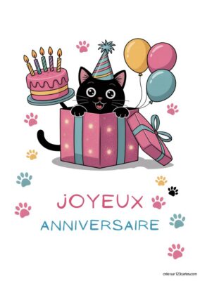 Un chat noir joyeux sort d'une boîte rose, entouré de ballons et d'un gâteau d'anniversaire avec bougies. Texte Joyeux Anniversaire.