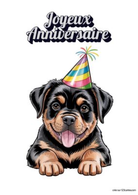 Illustration d'un chiot Rottweiler portant un chapeau de fête avec le texte Joyeux Anniversaire au-dessus.
