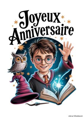 Image colorée du sorcier Harry Potter avec une chouette, une baguette magique et un livre ouvert. Texte : Joyeux Anniversaire.