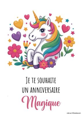 Image d'une licorne colorée entourée de fleurs et de cœurs, avec le texte Je te souhaite un anniversaire magique.