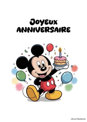 Mickey Mouse souriant tient un gâteau d'anniversaire avec bougie, entouré de ballons et de confettis. Texte : Joyeux Anniversaire.