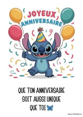 Image du personnage bleu Stitch, tenant des ballons avec le texte Joyeux Anniversaire, décorations festives en arrière-plan.