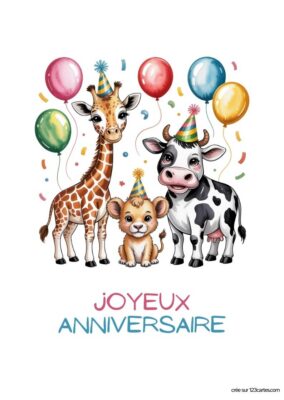 Illustration festive avec une girafe, un lionceau et une vache portant des chapeaux de fête, entourés de ballons. Texte Joyeux Anniversaire.