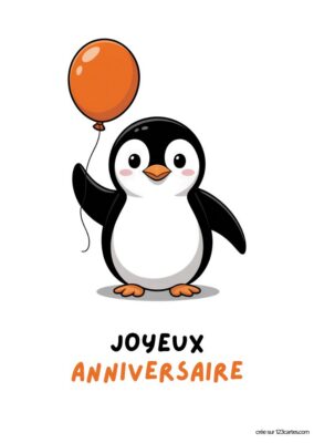 Un pingouin mignon tient un ballon orange, avec le texte Joyeux Anniversaire en dessous, sur fond blanc.